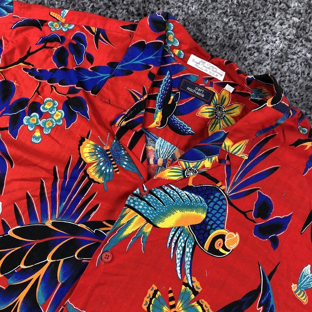 Vintage Carl Michaels Shirt Mens XL Red Parrot Hawaiian Short Sleeve Made USA